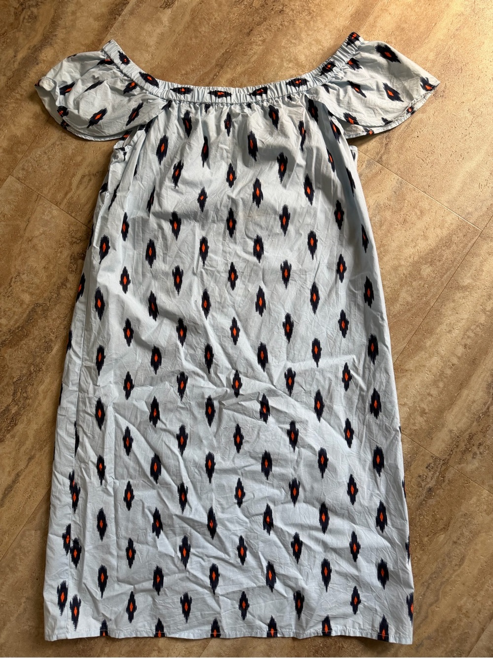 J. Crew Light Blue Off-Shoulder Dress with Navy and Orange Diamond Print
